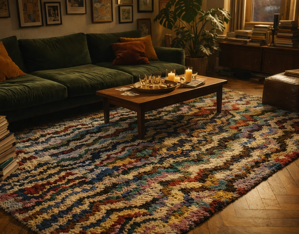 A richly textured, multicolored shag rug anchors a cozy living room with a deep green velvet sofa. By rugs on net