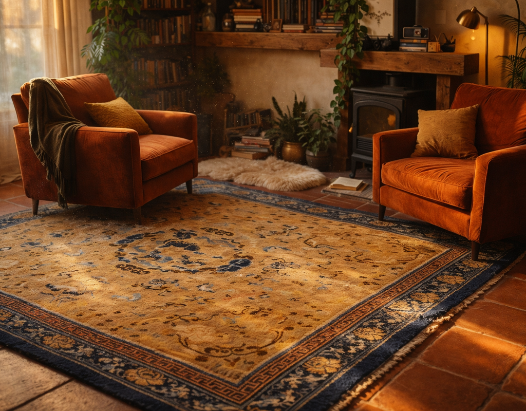 Warm living room with two burnt orange velvet chairs flanking a vintage-style mustard and navy blue rug. By rugs on net