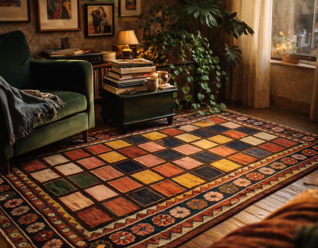 Cozy reading nook with a vibrant, patchwork-style rug featuring warm-toned diamond blocks. By rugs on net