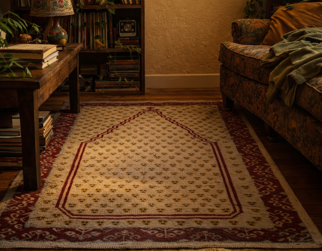 A small cintamani design prayer rug with a niche design sits on a dark wood floor between a rustic coffee table and a patterned sofa. By rugs on net