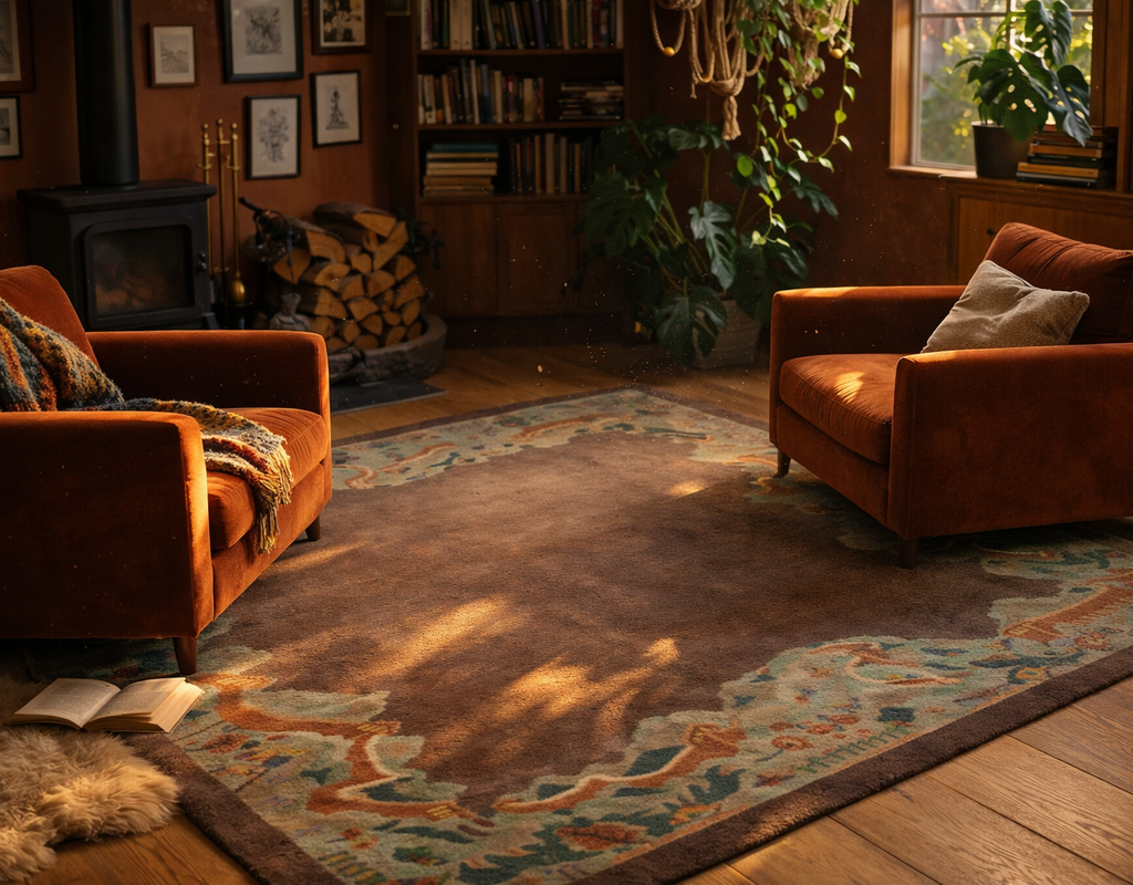 Cozy living room with two rust velvet armchairs, a dark brown area rug with an abstract border, and warm sunlight. By rugs on net
