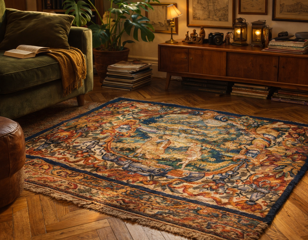 An richly patterned, tapestry-style rug with central blue detailing, set on a herringbone wood floor in a cozy, warmly lit room. By rugs on net