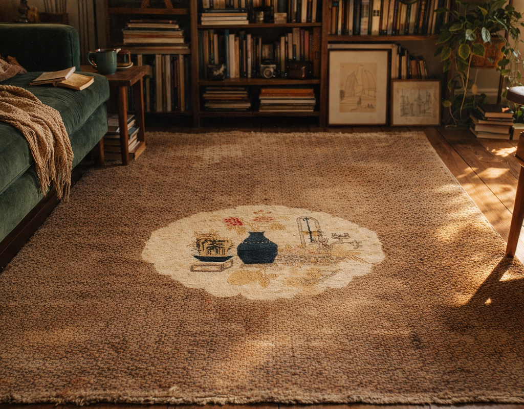A brown textured rug with a light, oval-shaped medallion featuring a vase and still life in a cozy, book-filled room. Vase design by rugs on net