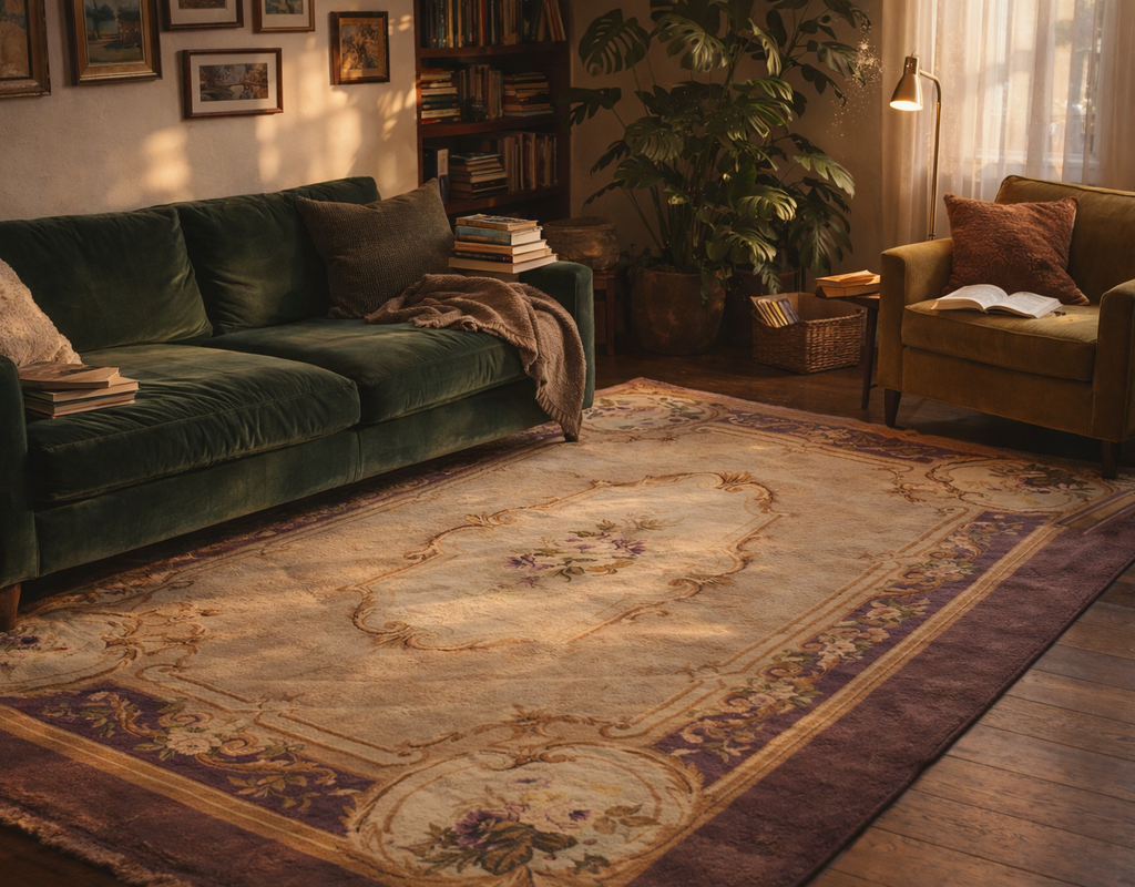 A traditional floral area rug anchors a cozy living room featuring a deep green velvet sofa and warm lighting. By rugs on net