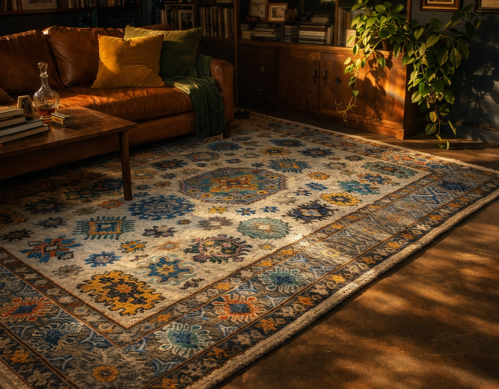 A richly colored, transitional style area rug anchors a cozy living space with a leather sofa and wooden furniture. By rugs on net