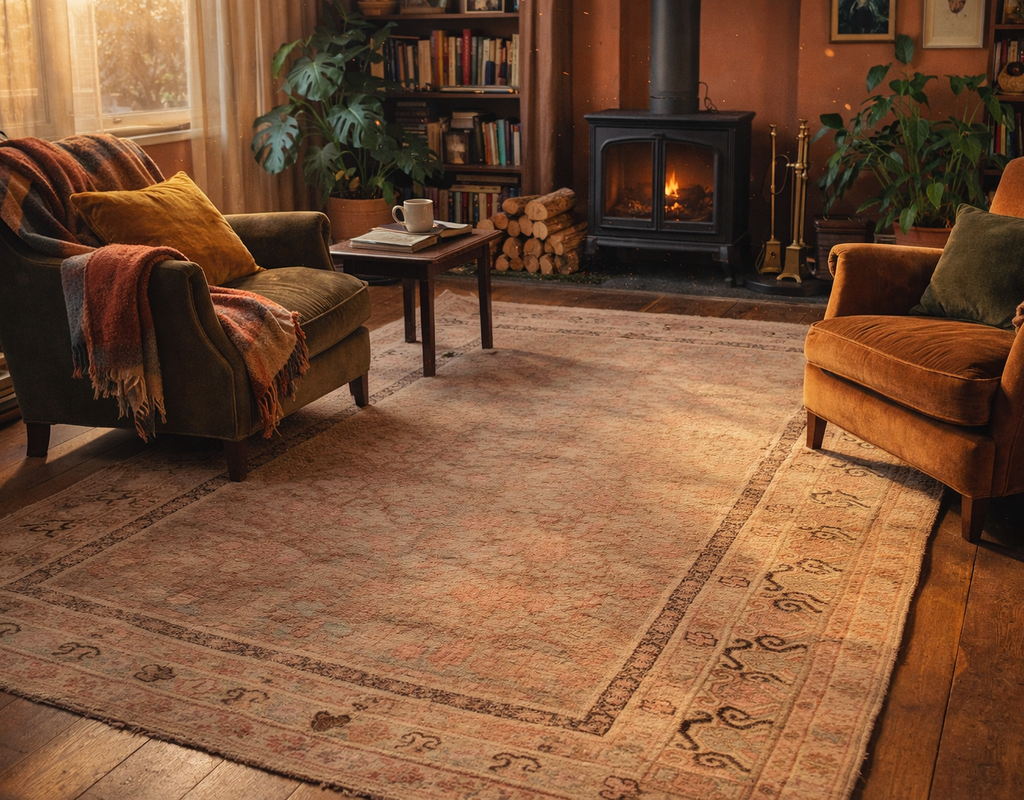 Warm, cozy living room with a large distressed vintage rug, two armchairs, and a lit wood stove. By rugs on net