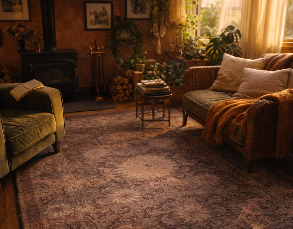 Warm and cozy living room with a distressed, vintage-style rug, green velvet armchair, and wicker sofa. By rugs on net
