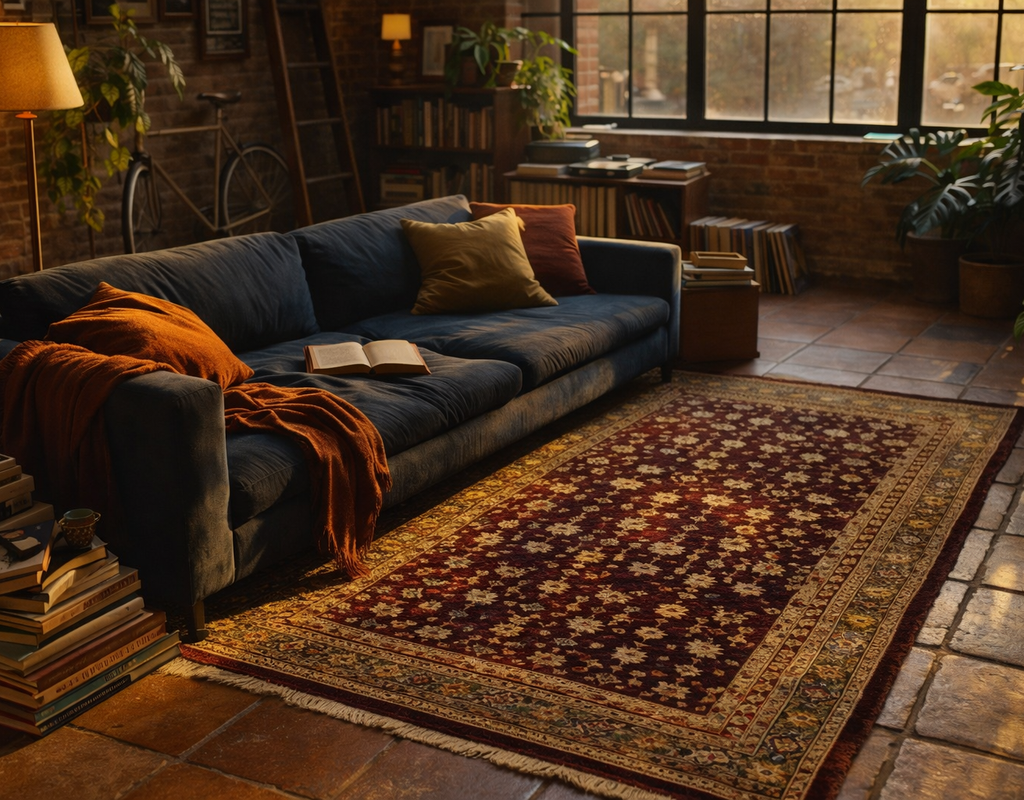 Cozy living room with a deep blue sofa, brick walls, and a rich burgundy oriental runner rug on terracotta tile. By rugs on net