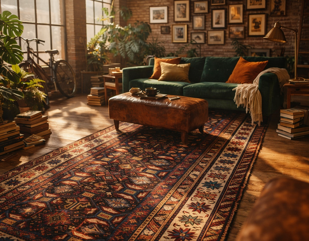 Cozy living room with a dark persian runner rug, green velvet sofa, leather ottoman, and abundant natural light. By rugs on net