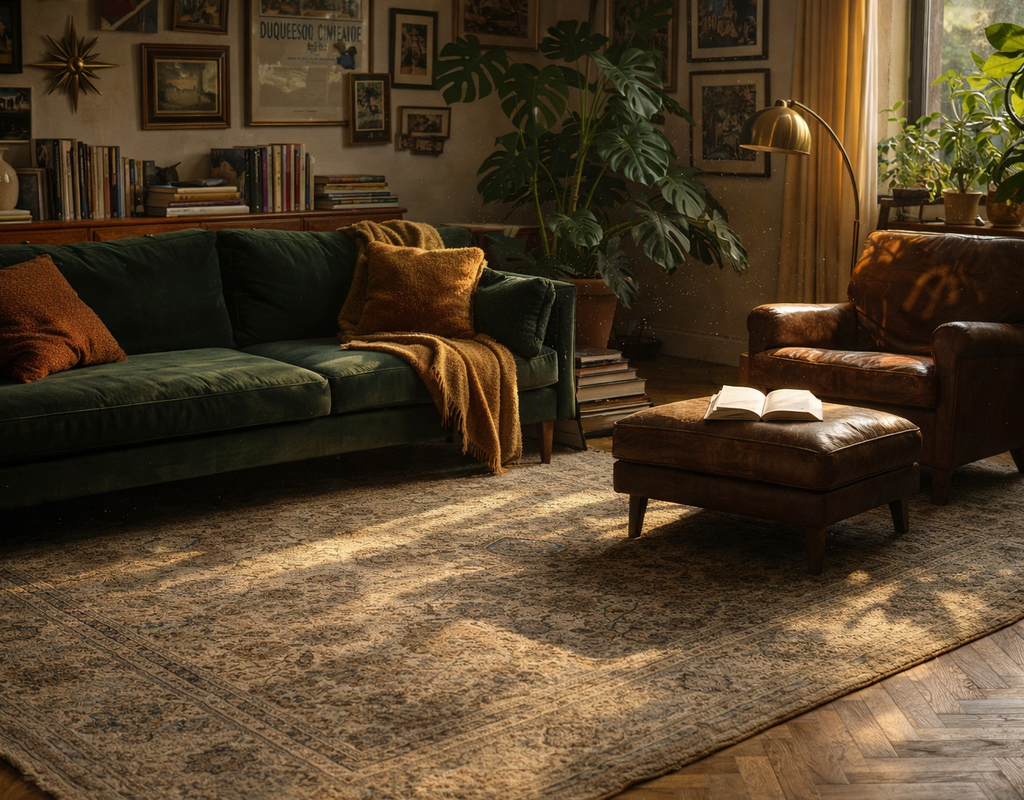 Sunlit living room with dark green velvet sofa, brown leather armchair, and a faded traditional patterned rug. By rugs on net