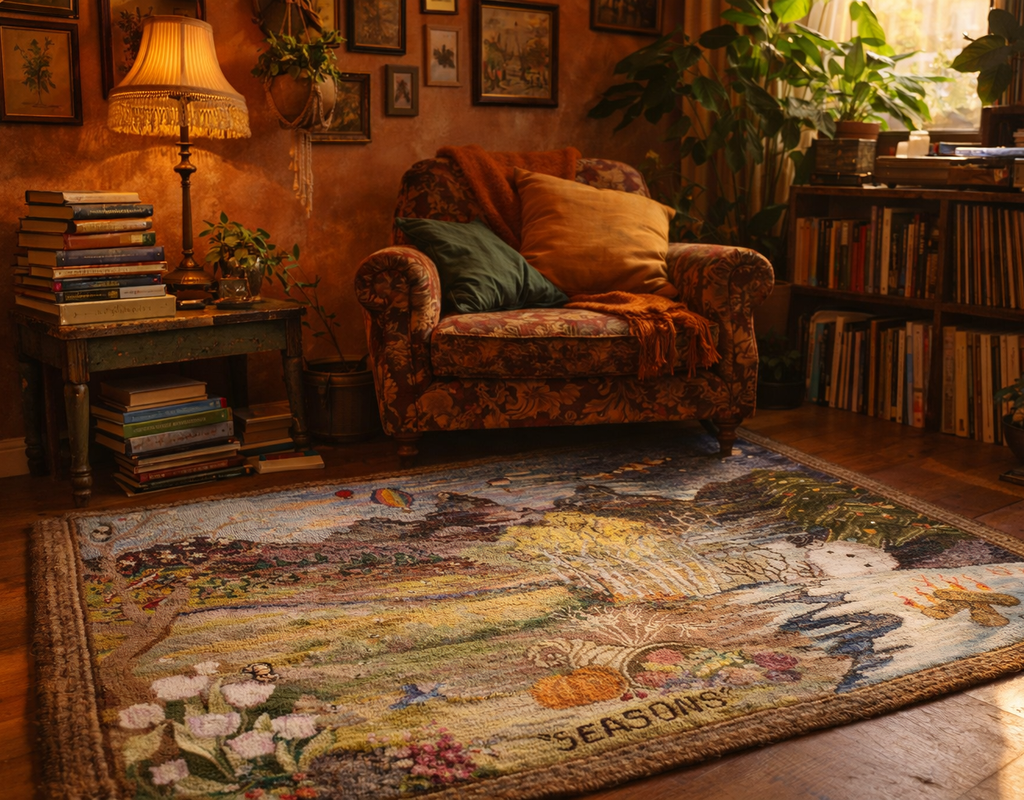 A richly decorated, cozy reading nook featuring a vibrant, landscape-themed rug on a wooden floor. By rugs on net