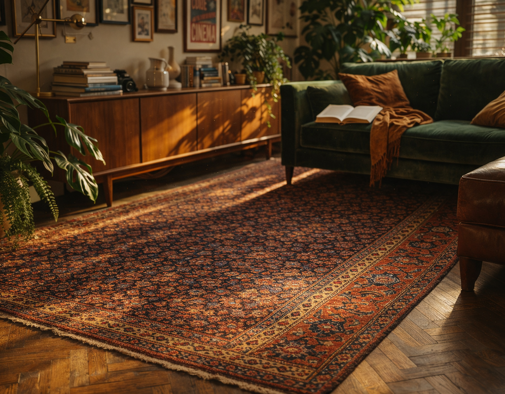 Cozy living room with a deep jewel-toned rug, velvet sofa, mid-century furniture, and warm lighting. By rugs on net