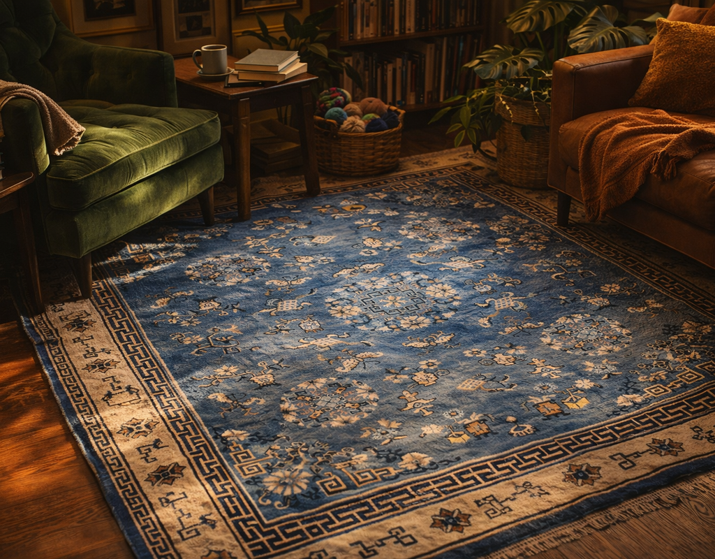 A rich blue, traditional oriental rug anchors a cozy reading nook with green and brown leather seating. By rugs on net