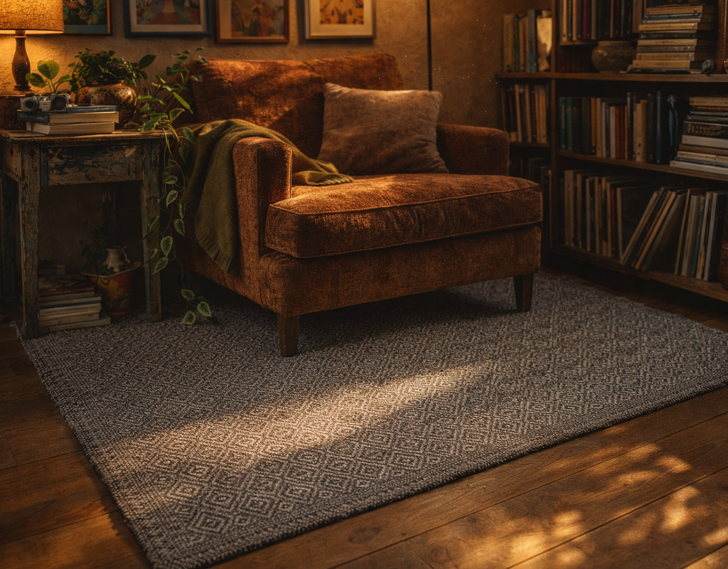 Cozy reading nook with a textured, diamond-patterned grey rug on a hardwood floor next to an armchair. By rugs on net