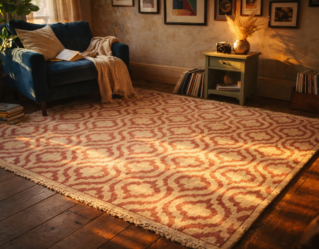 A cozy reading nook featuring a blush and cream geometric area rug on dark wood floors. By rugs on net