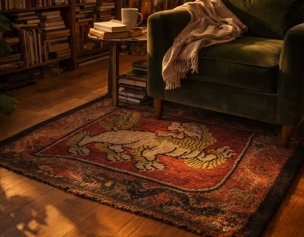 A small, rustic food dog chinese rug with a central mythical creature on warm wood flooring next to a green armchair. By rugs on net
