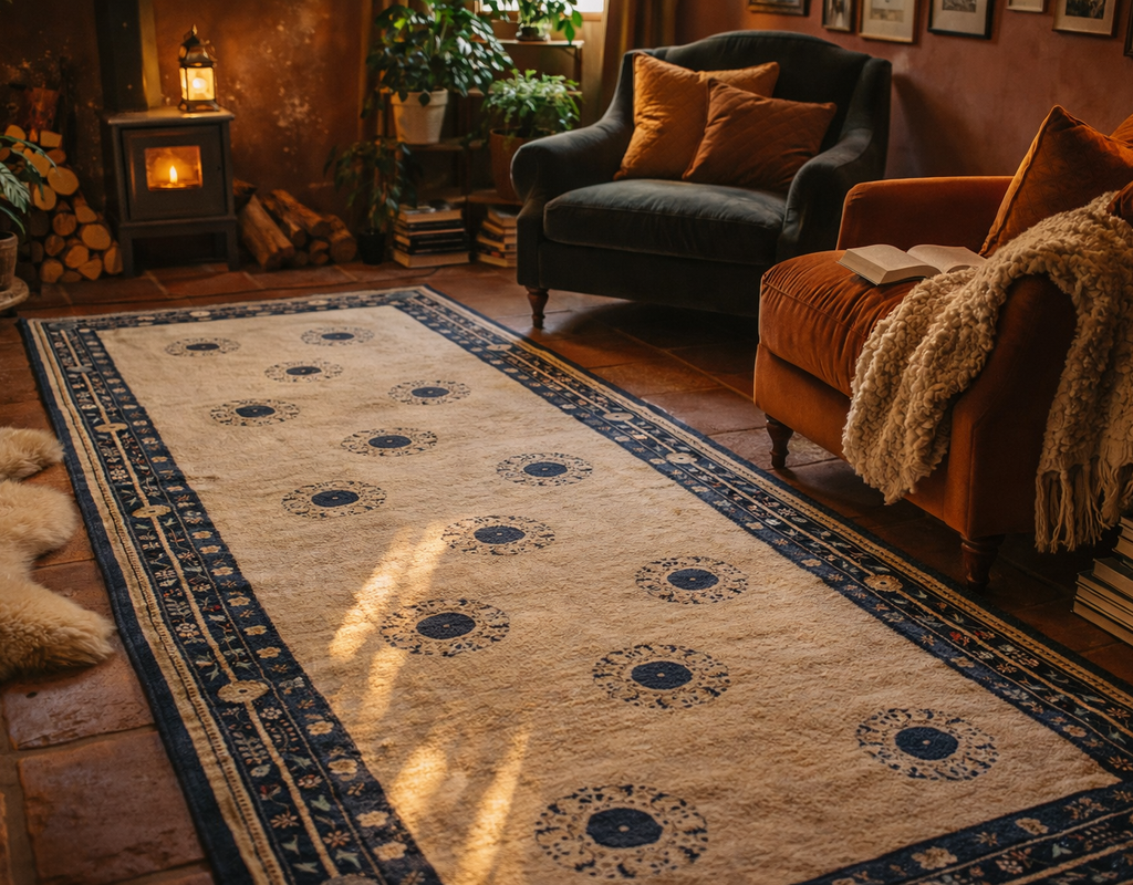 Beige runner rug with navy medallion patterns centered in a cozy, dimly lit living area with plush armchairs. By rugs on net