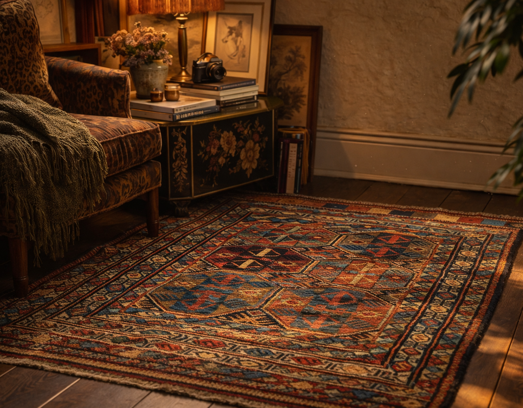A richly colored, geometrically patterned oriental rug anchors a cozy reading nook with a leopard-print armchair. By rugs on net