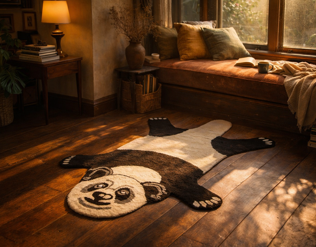 A playful panda-shaped area rug lies on dark wood floors in a cozy room with warm sunlight. By rugs on net