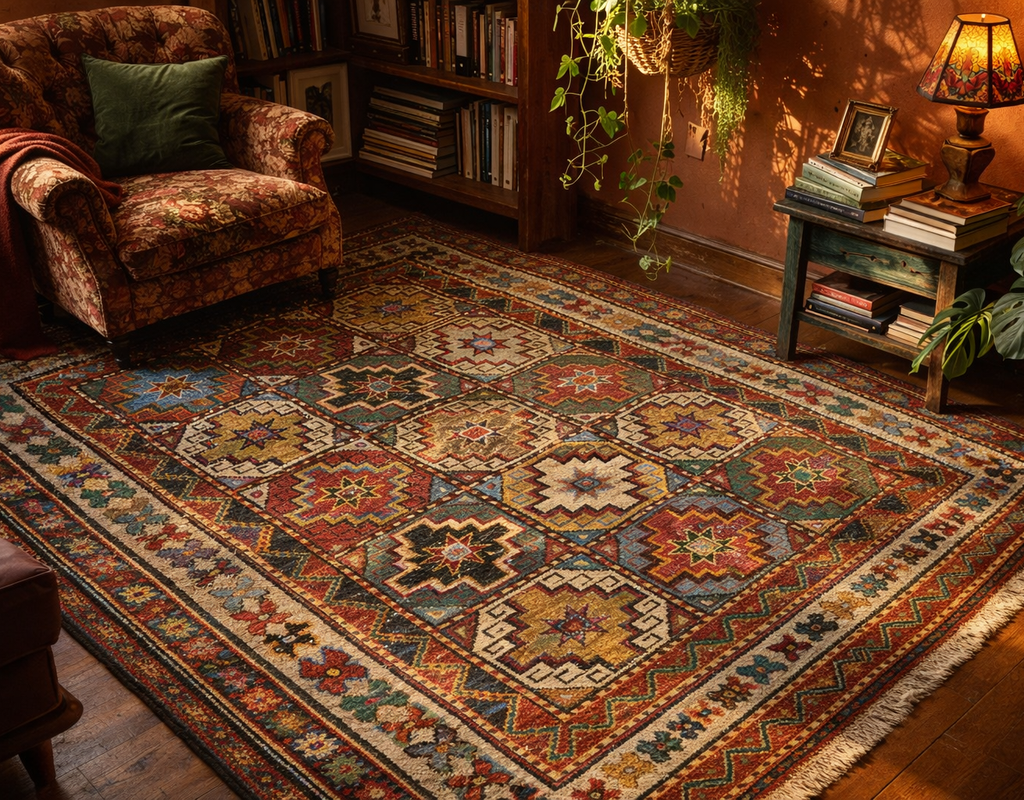 A richly colored, patterned area rug anchors a cozy reading nook with a floral armchair and warm lighting. By rugs on net