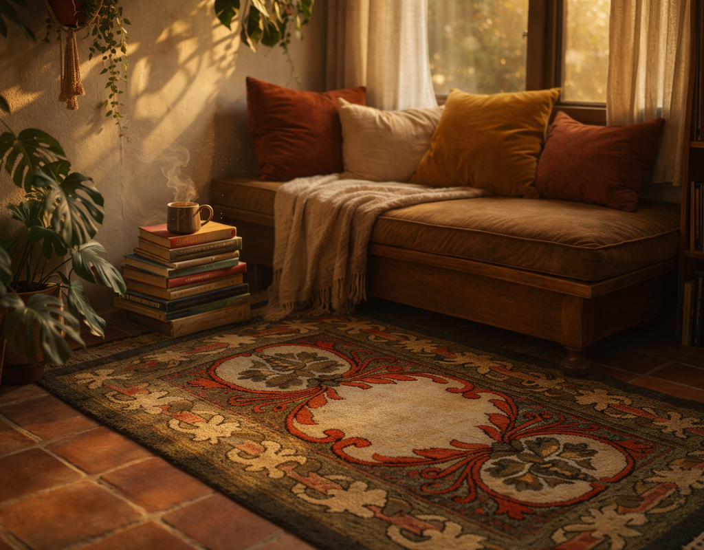 Cozy reading nook with a rich patterned rug, terracotta floor, and warm sunlight streaming through a window. By rugs on net
