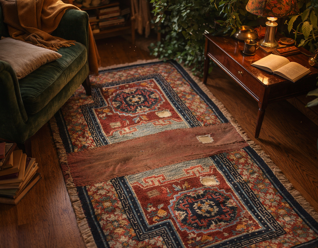 A richly colored, patched vintage rug with central medallions sits on hardwood floors next to a green armchair and a dark wood side table. By rugs on net
