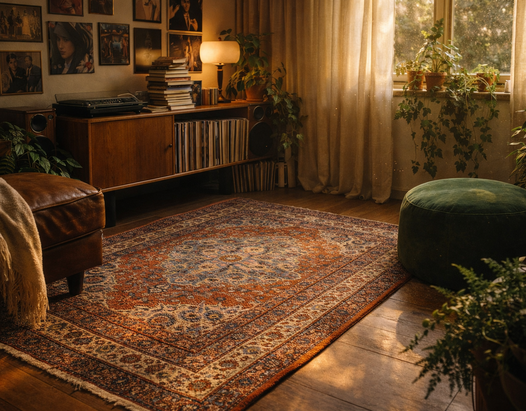 A richly colored, traditional patterned area rug anchors a cozy room with mid-century furniture and warm lighting. By rugs on net