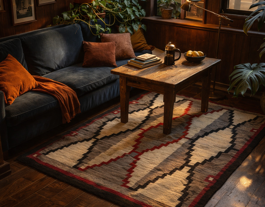 A cozy living area features a dark blue sofa, a rustic wood coffee table, and a geometric patterned rug. By rugs on net