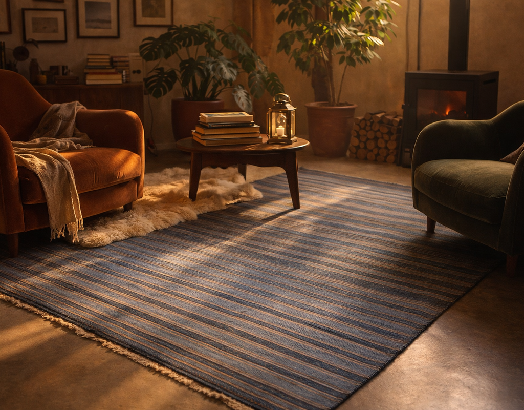 A cozy living room scene with a striped blue and tan rug, two velvet armchairs, and warm, low lighting. By rugs on net