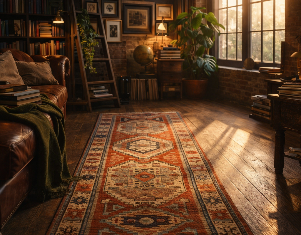 A richly colored, patterned runner rug on dark wood floors in a cozy, dimly lit study with leather furniture. By rugs on net