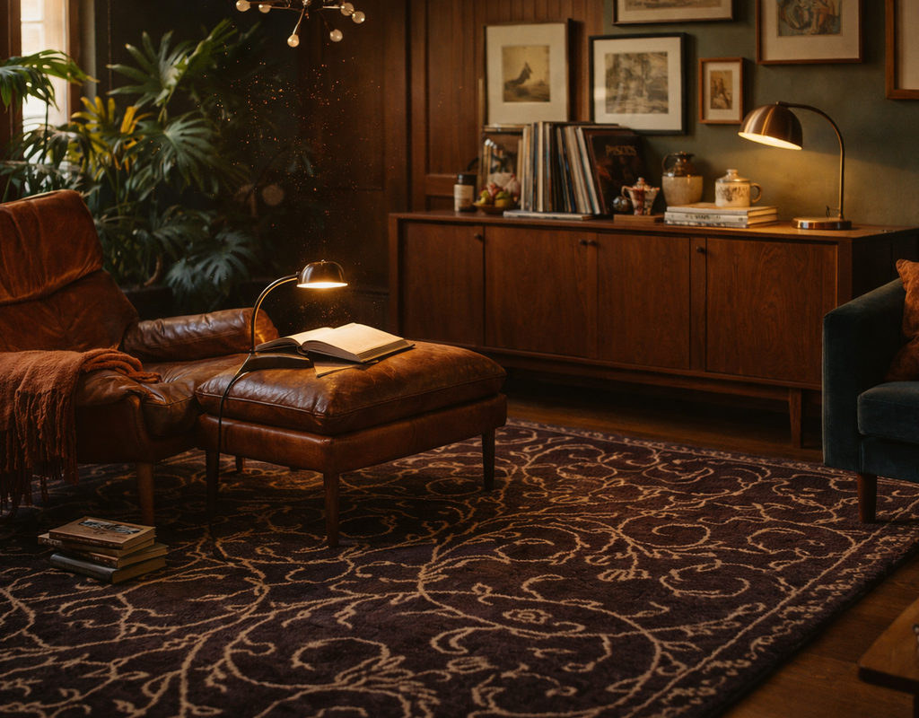 A cozy, dimly lit reading nook featuring a dark brown patterned rug, leather chair, and mid-century modern wood credenza. By rugs on net