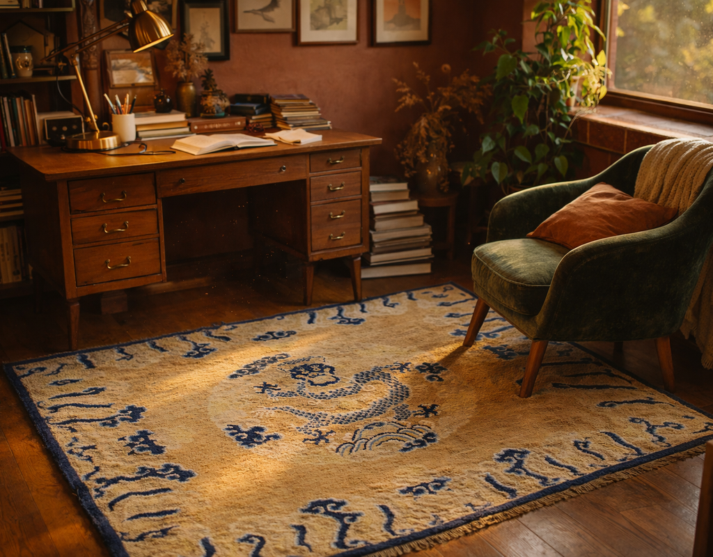 A golden rug with a blue dragon motif anchors a cozy home office featuring a vintage wooden desk and a velvet armchair. By rugs on net