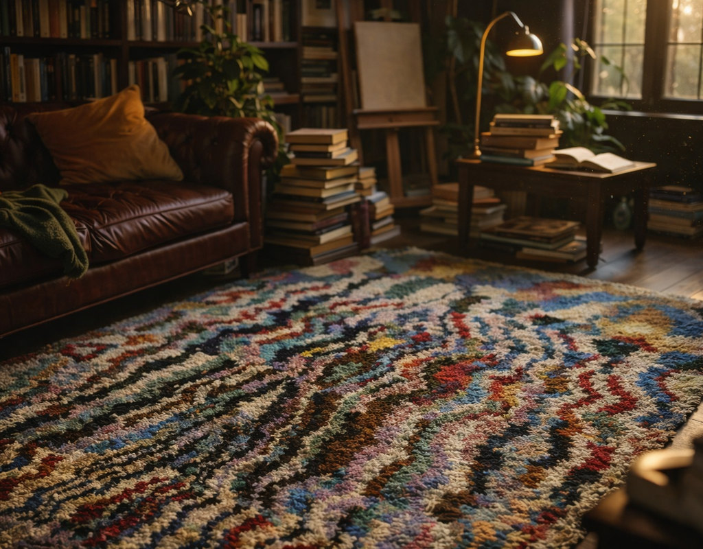 A richly textured, brightly colored abstract rug anchors a cozy, dimly lit library or study filled with books and dark leather. By rugs on net