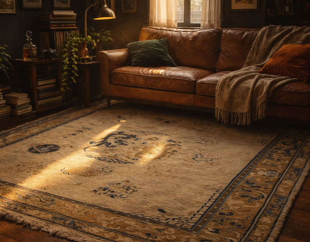 Low angle shot of a beige rug with blue dragon motifs centered under a warm, dimly lit living room. By rugs on net
