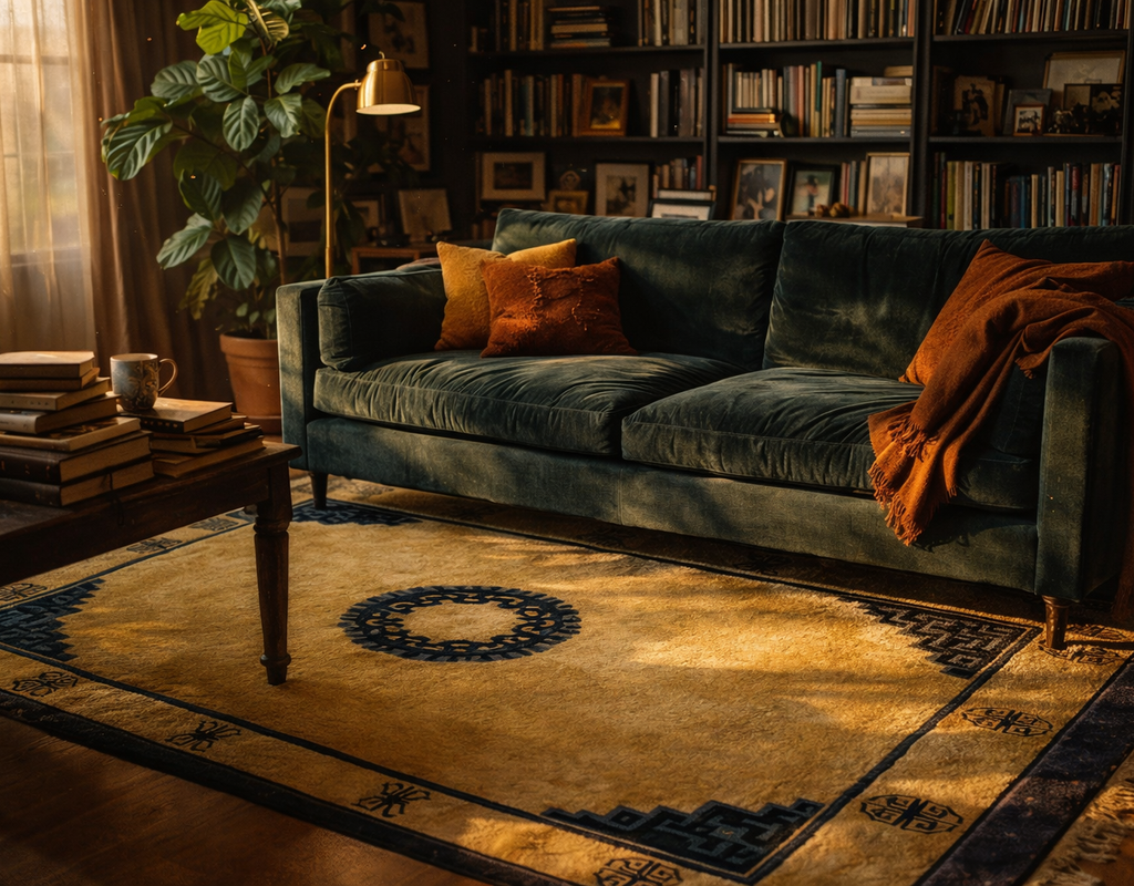 Cozy living room with a mustard yellow and blue rug, a dark green velvet sofa, and full bookshelves. By rugs on net