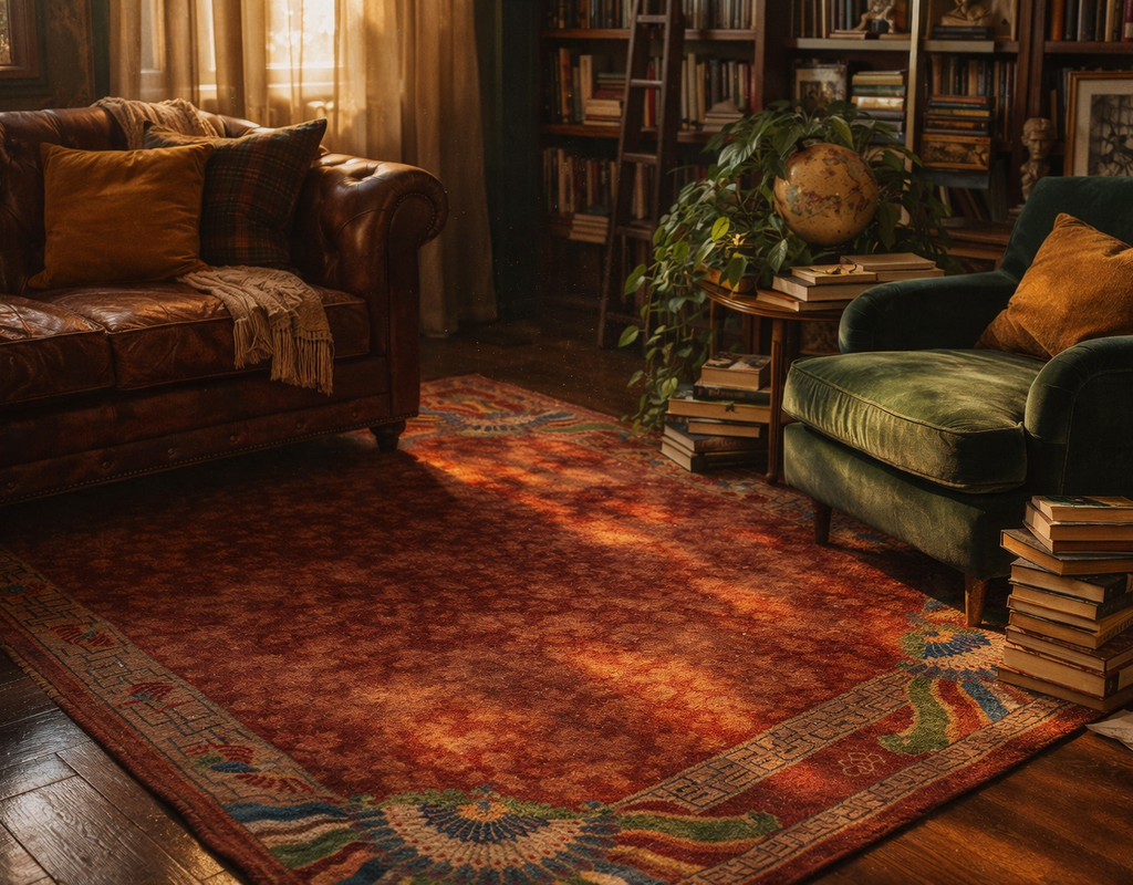 Warmly lit study featuring a distressed red patterned rug, brown leather couch, and green velvet armchair. By rugs on net
