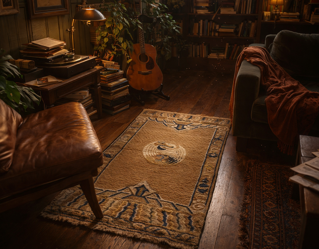 Cozy, dimly lit reading nook featuring a rich brown leather chair, dark green sofa, and a central tan rug. By rugs on net