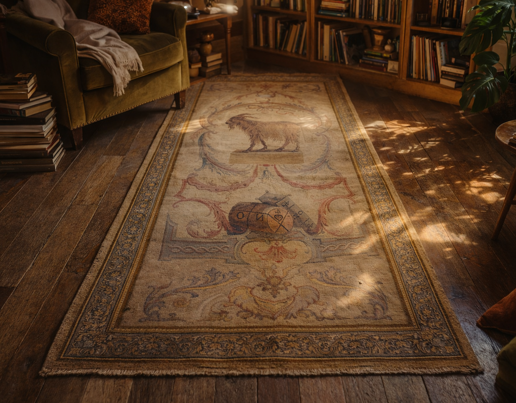 Tapestry-style runner rug with animal motif on dark wood floor in a cozy, sunlit study. By rugs on net
