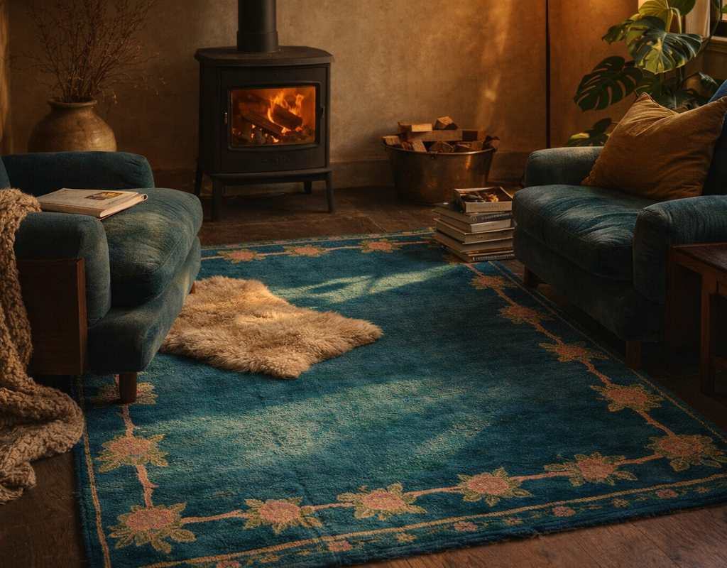 Cozy living area with two teal armchairs, a wood-burning stove, and a deep teal rug with pink floral borders. By rugs on net