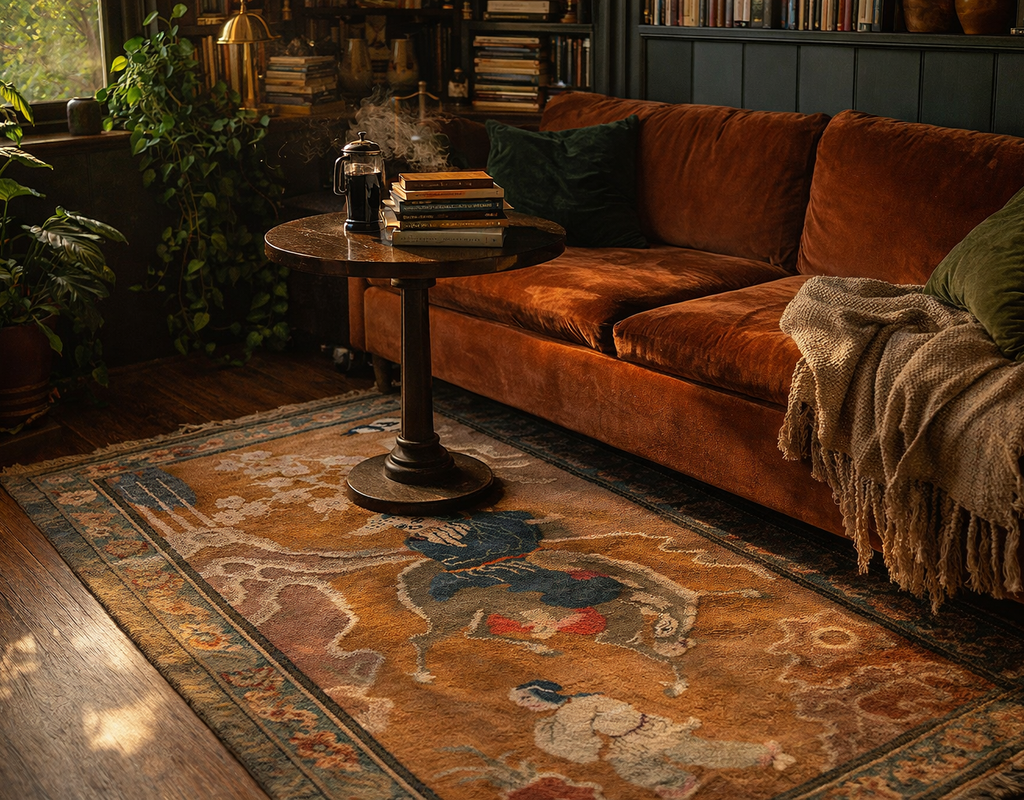 A cozy, dark library nook featuring an orange velvet sofa, a small round table, and an oriental rug with human figures. By rugs on net