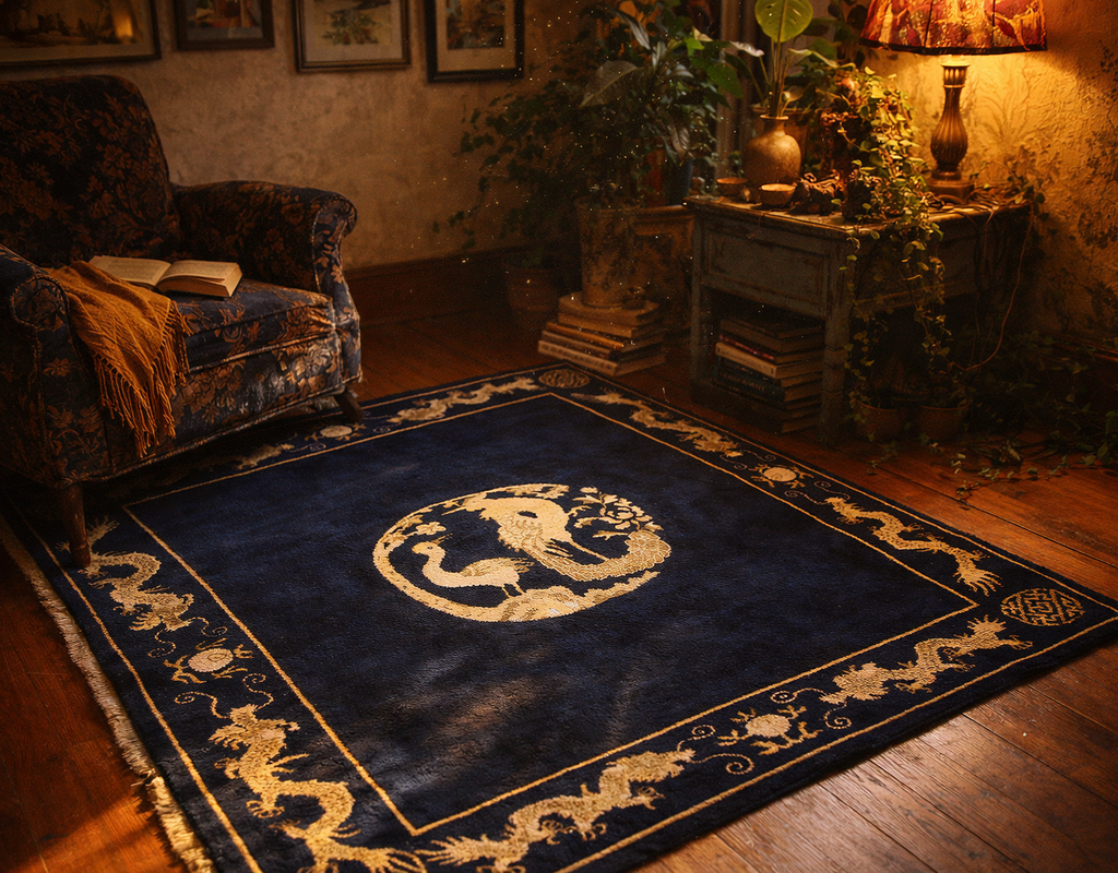 A deep blue rug with gold mythical creatures, featuring a central crane design, in a dimly lit, cozy reading nook. By rugs on net