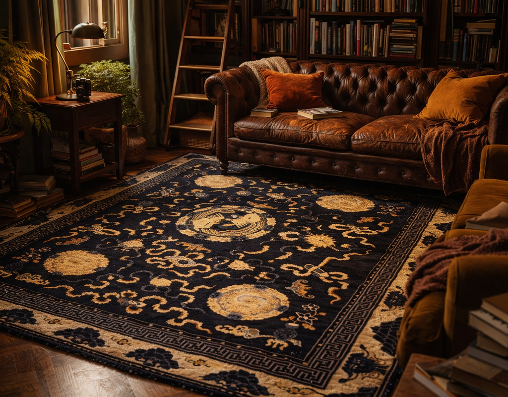 Dark blue and gold oriental rug with dragon motif anchors a cozy library featuring a tufted leather chesterfield sofa. By rugs on net