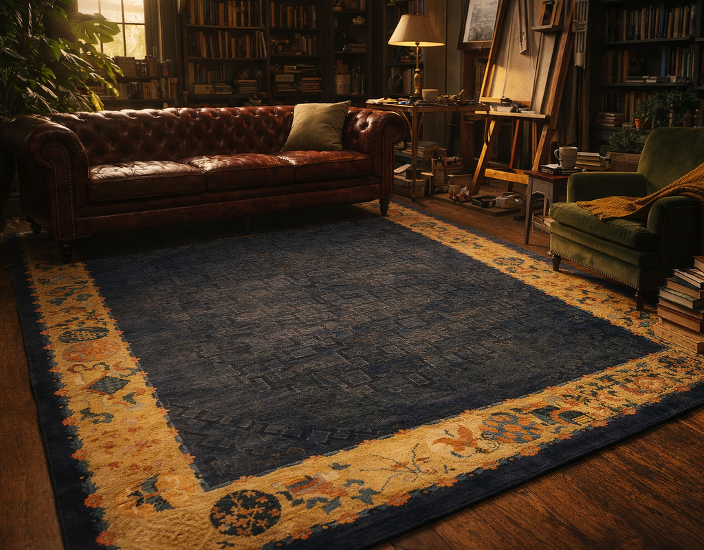 A dark blue and gold traditional rug anchors a cozy library study with a leather chesterfield sofa and green armchair. By rugs on net