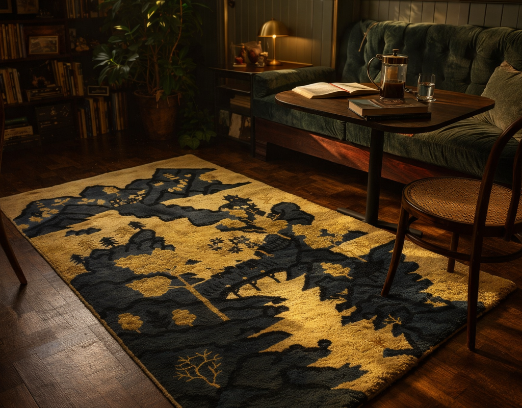 A striking gold and navy rug with an asian landscape design anchors a cozy, dimly lit reading nook. By rugs on net