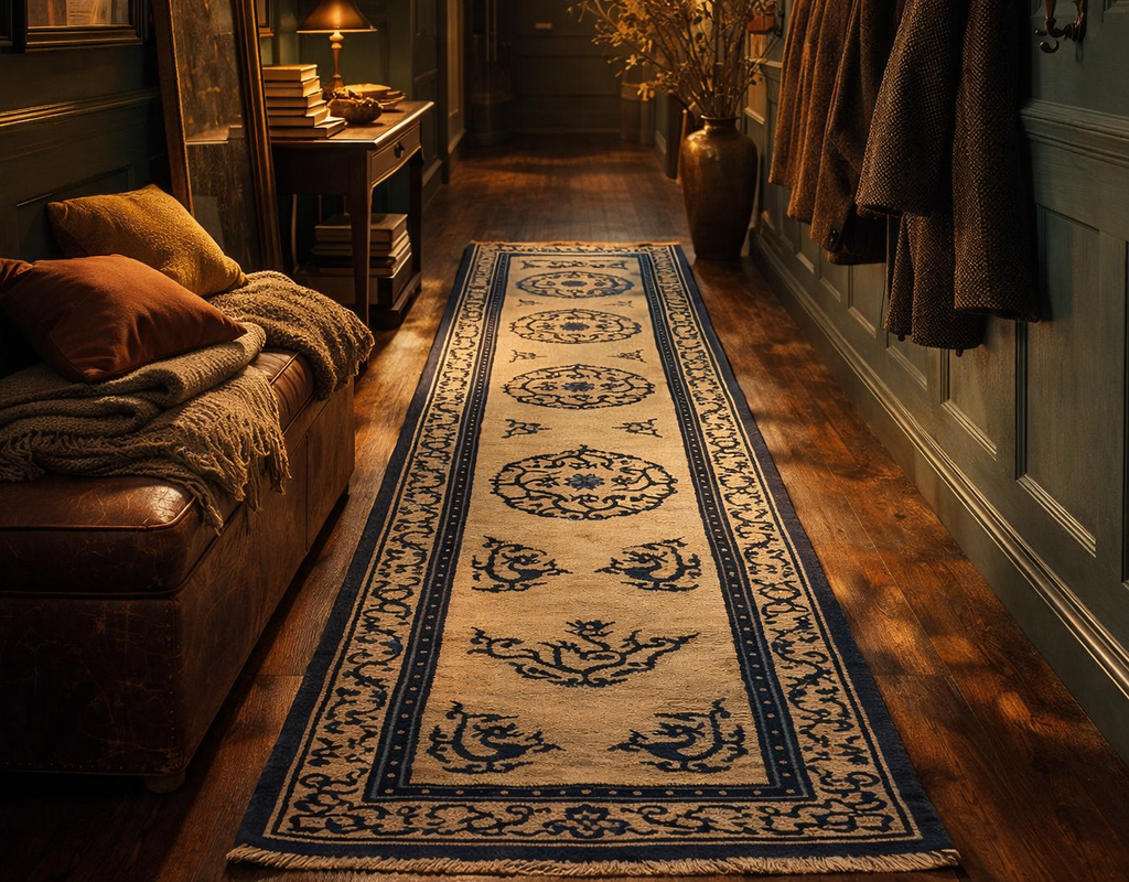 A long runner rug with blue medallion patterns on a tan field in a dark, wood-paneled hallway. By rugs on net