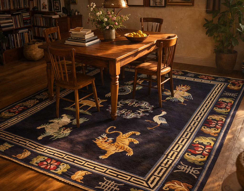 A dark blue oriental rug with vibrant depictions of mythical animals under a wooden dining table. By rugs on net