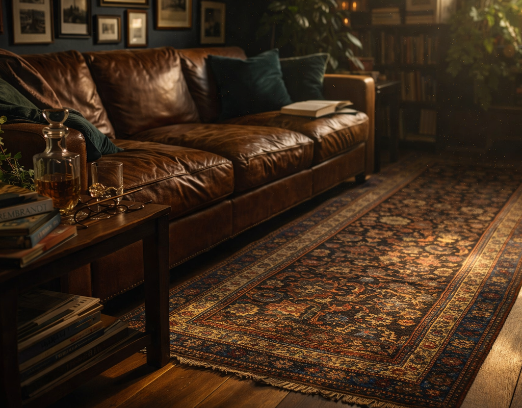 A richly detailed, dark-toned runner rug with an intricate pattern lies on a wooden floor beside a deep brown leather sofa. By rugs on net