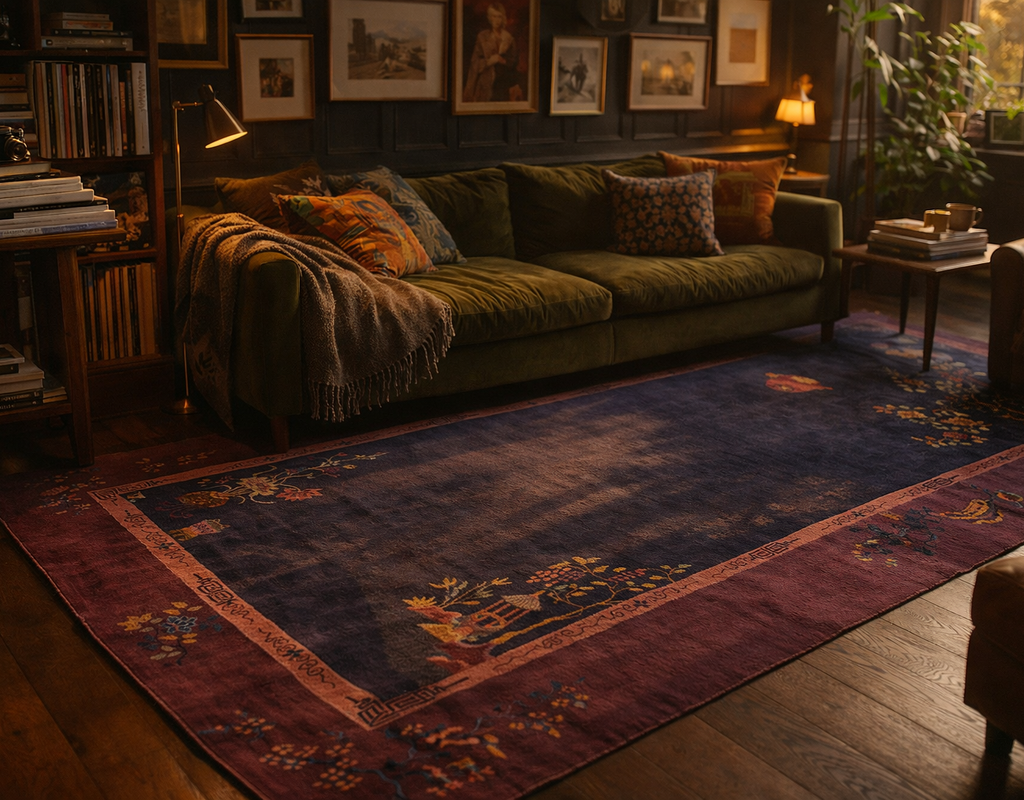 A richly colored, antique-style rug with a dark blue field and wide burgundy border anchors a cozy living room. By rugs on net