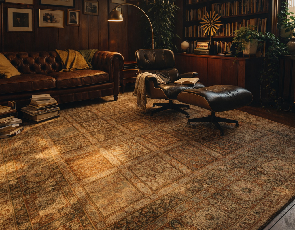 A richly paneled library room features a leather chesterfield sofa and an eames lounge chair over a large, faded patchwork area rug. By rugs on net