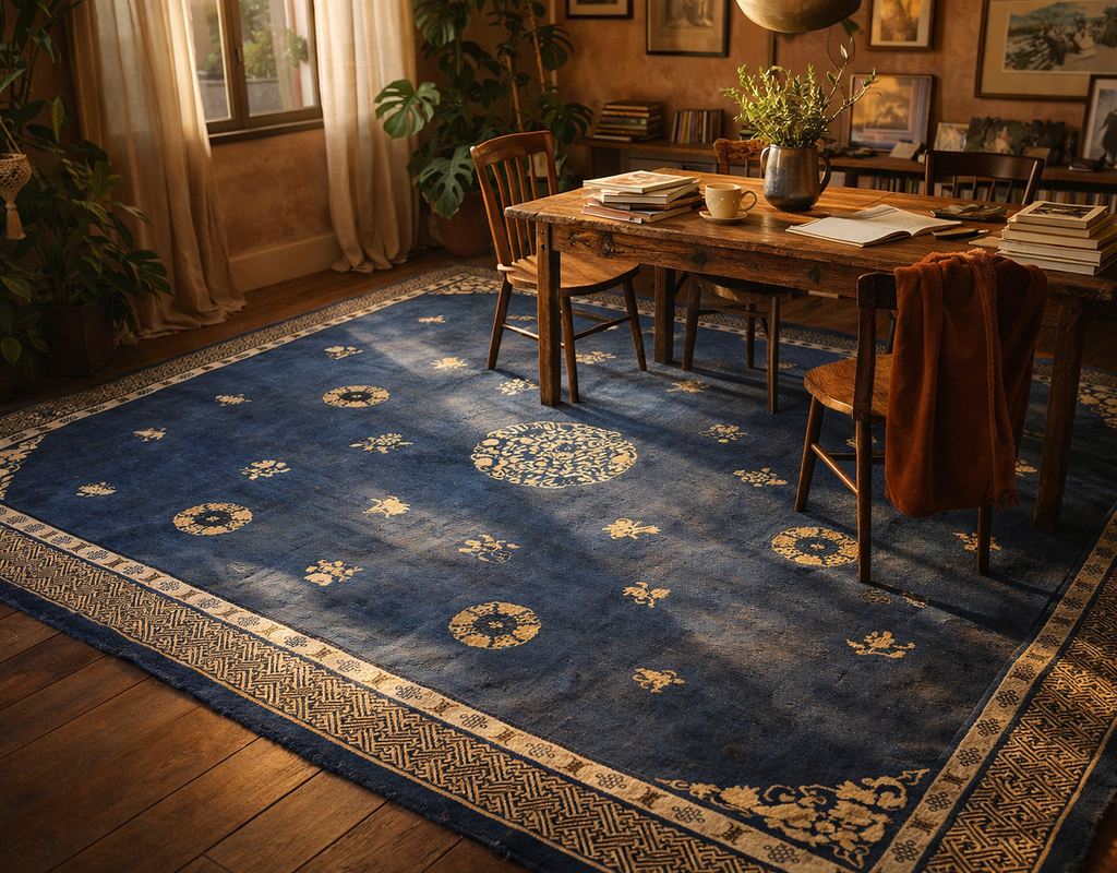 Deep blue rug with gold medallion patterns anchors a rustic wooden dining area bathed in warm sunlight. By rugs on net